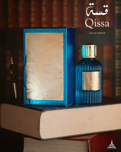 QISSA perfume with citrus, leather, incense, jasmine, amber, musk, and saffron notes